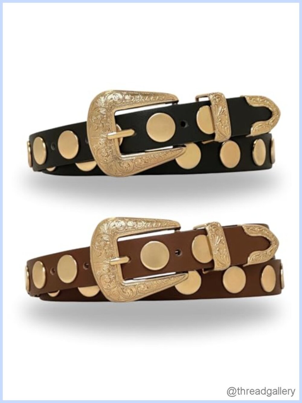 2-Pack Western Belts Chunky Gold Buckle PU Leather Studded Saddle